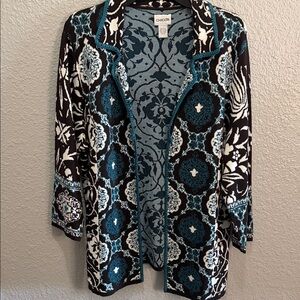 Chicos Teal Black White Patterned Open Cardigan size 3